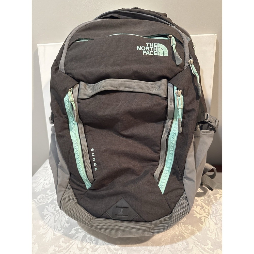 The North Face Surge Flexuent Laptop Backpack Light Gray Teal Outdoor Hiking